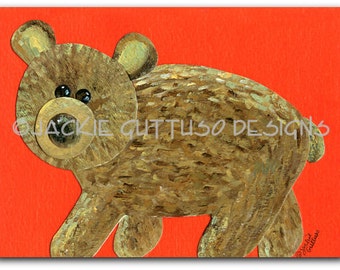 Brown bear art 5 x 7" Giclee print, Woodland nursery wall art, Collage, Forest animal decor, Bear acrylic painting print, Mountain nursery