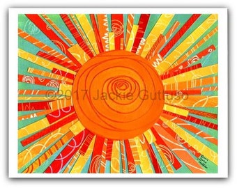 Sun art print, Giclee print 8 x 10", Gift under 30, Collage, Acrylic sun painting, Bright colored kitchen art, Colorful playroom art