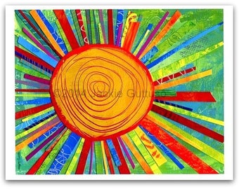 Colorful sun wall art print, 8 x 10 Giclee, Kids room art, Colorful kitchen, Collage, Acrylic painting, Bright colored nursery art, Playroom