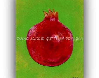 Acrylic pomegranate painting print 5 x 7" Giclee, Kitchen art, Fruit art, Red, Lime green food art, Dining room wall art, Fruit decor gift