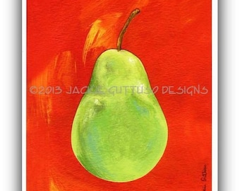 Green pear art, 8 x 10" Fruit giclee print, Acrylic green pear painting print,  Colorful kitchen wall art