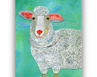 Acrylic sheep painting print, 5 x 7" Giclee, Farm nursery decor, Farm animal collage art, Lamb art