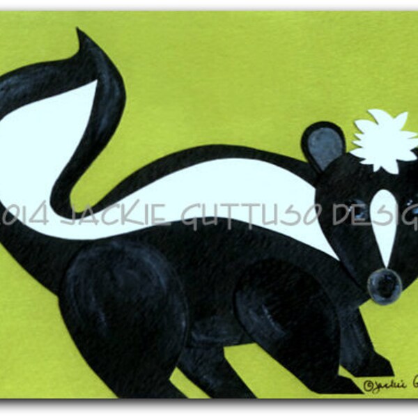 Skunk art print 5 x 7", Giclee, Woodland nursery art, Whimsical forest animal, Animal collage, Acrylic painting print