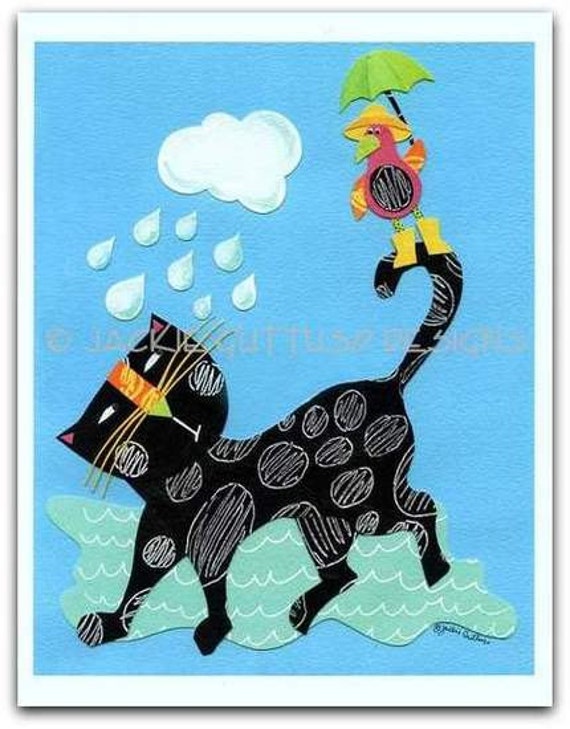 Black cat art print, Giclee 8 x 10" collage, Cat lover gift, Whimsical bird, Rainy day art, Grumpy cat, Acrylic cat painting