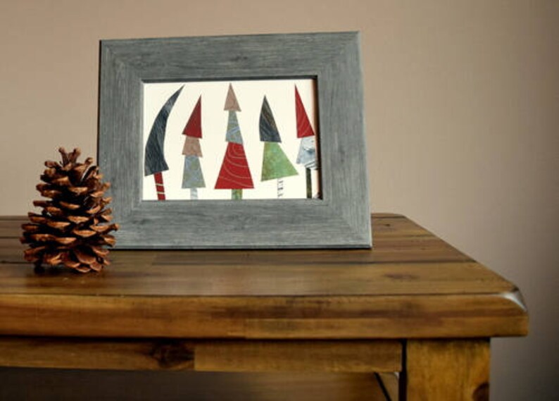 5 x 7 Christmas tree art, Giclee, Gift under 25, Seasonal decor, Acrylic painting print , Whimsical tree collage, Winter farmhouse image 4