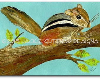 Acrylic chipmunk painting print, 5 x 7" Giclee print, Woodland nursery wall art, Chipmunk collage art, Forest nursery, Mountain animal decor