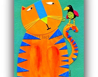 Whimsical cat art print, Giclee 5 x 7", Cat lover gift under 30, Orange cat print, Acrylic animal painting print, Funny cat, Whimsical bird