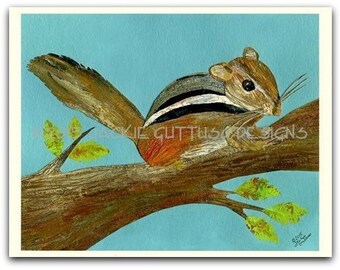 8 x 10" Chipmunk wall art print, Giclee, Chipmunk nursery art, Mountain animal painting print, Woodland nursery decor, Forest animal collage