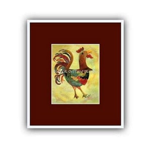 May include: A colorful painting of a rooster with a red, yellow, green, and blue color scheme. The rooster is standing on a yellow background.