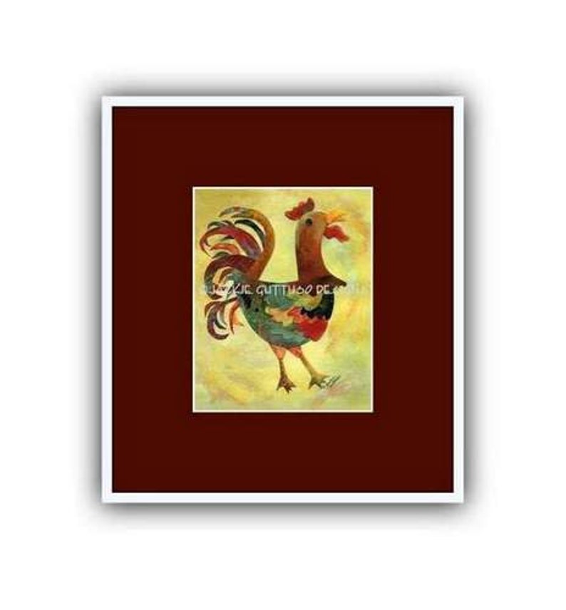 May include: A colorful painting of a rooster with a red, yellow, green, and blue color scheme. The rooster is standing on a yellow background.