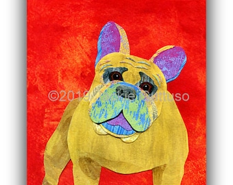 French bulldog art print 5 x 7", Giclee, Whimsical dog collage art, Acrylic french bulldog painting print, Dog lover gift