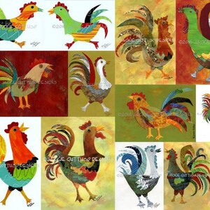 May include: A collage of colorful rooster illustrations with various patterns and textures. The roosters are depicted in different poses, some with their wings spread and others with their tails raised. The background is a patchwork of different colors and textures.