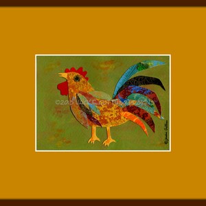 May include: A colorful rooster collage art print. The artwork features a rooster with a red comb and wattle, yellow beak and feet, and a multi-colored tail. The background is green with yellow and orange accents. The print is framed in white and set against a brown and gold background.