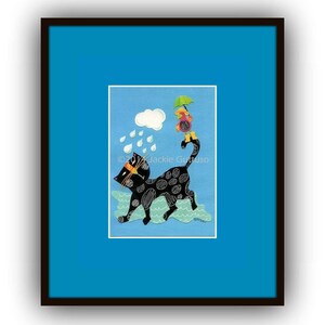 May include: A black cat with white spots runs through a blue puddle of water. A small yellow bird with a green umbrella stands on the cat's back. The background is a light blue sky with a white cloud and raindrops.