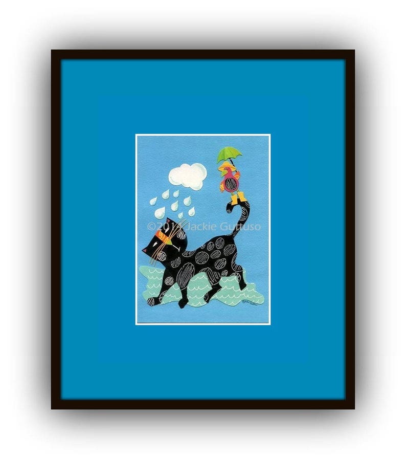 May include: A black cat with white spots runs through a blue puddle of water. A small yellow bird with a green umbrella stands on the cat's back. The background is a light blue sky with a white cloud and raindrops.