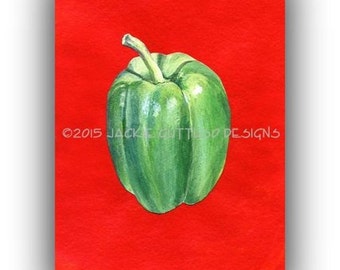 Green pepper art, 5 x 7" Giclee print, Kitchen art, Acrylic vegetable painting print, Pepper painting print, Dining room art, Food wall art