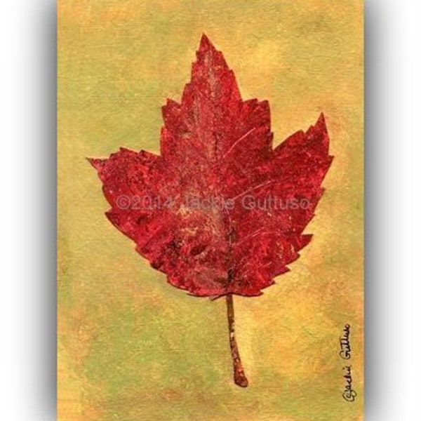 Red maple leaf painting print, 5 x 7 Giclee, Leaf art, Fall wall art