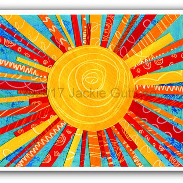 Sun art print, Giclee  8 x 10" Collage wall art, Bright colored acrylic sun, Kitchen art, Colorful nursery, Playroom art
