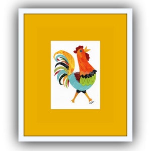 Colorful rooster art print, 5 x 7 Giclee, Collage, Chicken art, Acrylic painting print, Farmhouse kitchen, Farm animal nursery, Rooster gift image 8