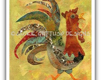 8 x 10" Rooster art, Whimsical chicken art, Giclee print, Rooster collage, Painting print, Farm kitchen decor, Farm animal nursery art
