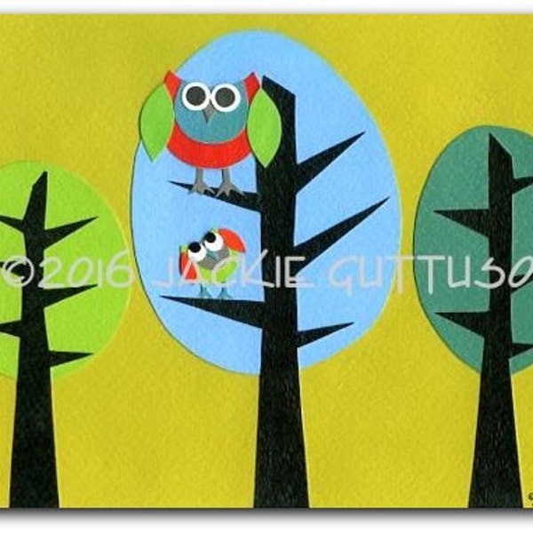 Owl collage art print, 5 x 7" Giclee, Woodland nursery wall art, Acrylic owl painting print, Cabin kids room art, Whimsical tree art, Forest