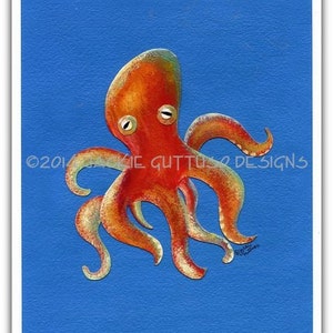 Acrylic octopus painting print 8 x 10&quot;, Giclee, Nautical collage art, Ocean kids room wall art, Sea life decor, Ocean animal archival print