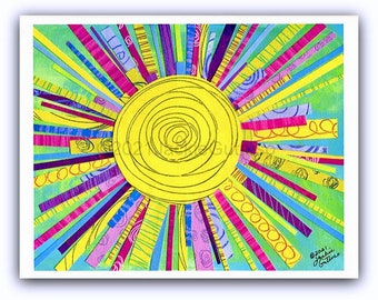 Colorful sun art, 8 x 10" Giclee print, Sun collage, Wall art, Whimsical painting