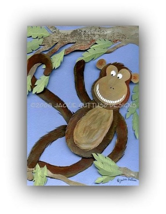 Acrylic monkey painting print 5 x 7 Giclee Jungle animal nursery decor Whimsical brown monkey Safari animal collage art Monkey collage