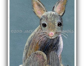Acrylic rabbit painting print 8 x 10", Bunny collage art, Gender neutral nursery, Woodland nursery decor, Forest animal art