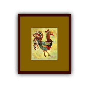 May include: A framed painting of a colorful rooster with a red comb and wattle. The rooster is standing on a yellow background with a light blue sky.