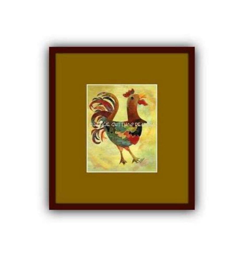 May include: A framed painting of a colorful rooster with a red comb and wattle. The rooster is standing on a yellow background with a light blue sky.