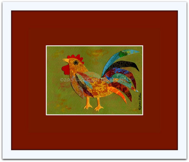 May include: A colorful rooster art print with a red comb and wattle, yellow beak, and a vibrant tail featuring blue, green, and black feathers. The artwork is set against a green background and framed in white, with a red border.