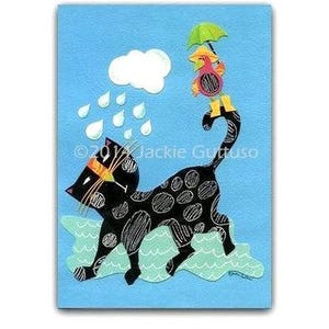 May include: A black cat with white spots runs through a blue sky with rain drops falling. A small bird with a red body and yellow beak holds an umbrella above the cat.