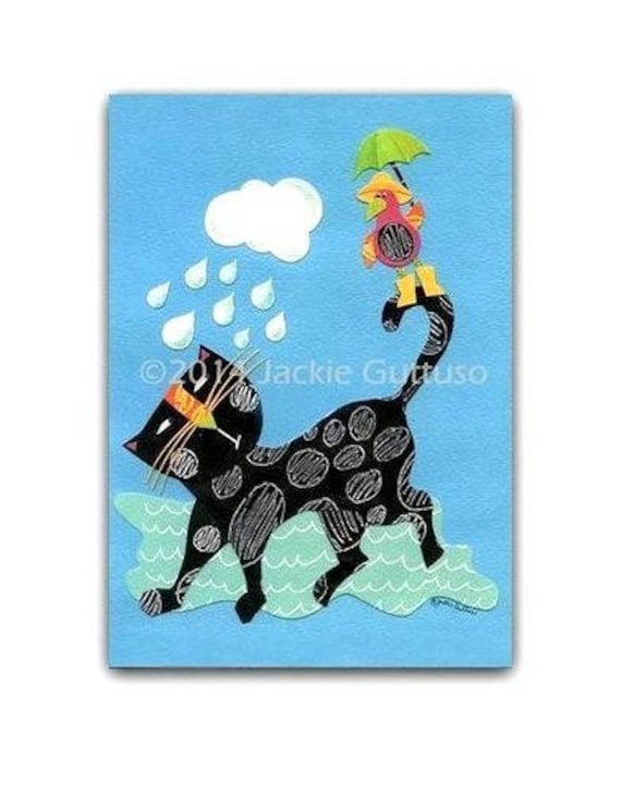 Black cat painting print, 5 x 7" Giclee, Cat art, Whimsical cat and bird painting print, Cat lover gift, Collage, Rainy day art, Cat decor