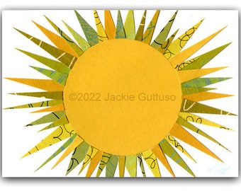 Sun art print 5 x 7, Giclee, Acrylic painting, Sun collage art, Gift under 30