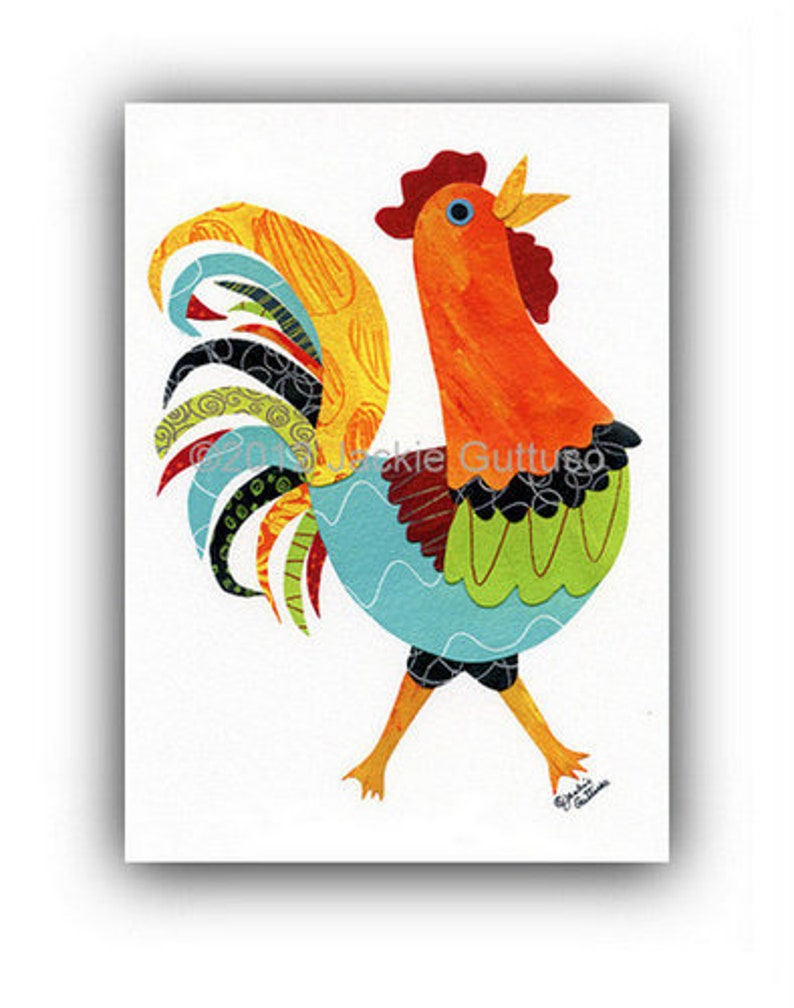 Colorful rooster art print, 5 x 7 Giclee, Collage, Chicken art, Acrylic painting print, Farmhouse kitchen, Farm animal nursery, Rooster gift image 1