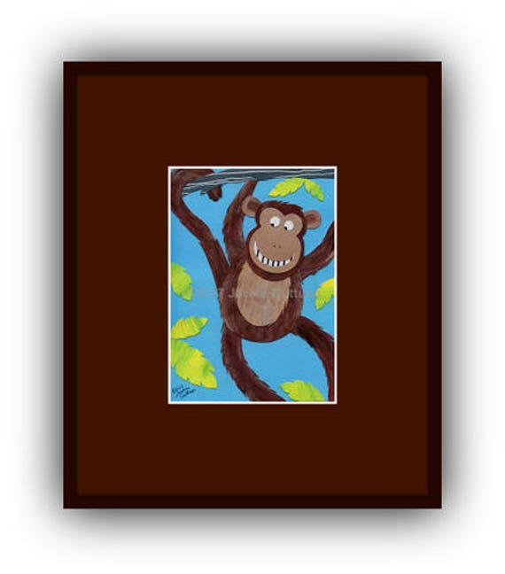 Acrylic monkey painting print 5 x 7 Giclee Jungle animal nursery decor Whimsical brown monkey Safari animal collage art Monkey collage