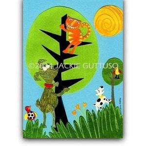 Cat and dog art print, 5 x 7&quot; Giclee, Cat in tree art, Painting print, Cat lover gift under 30, Whimsical cat decor