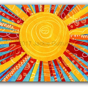 Sun collage art print, Giclee 5 x 7&quot;, Uplifting gift, Sun wall art, Colorful sun decor, Acrylic painting print, Bright colored playroom art