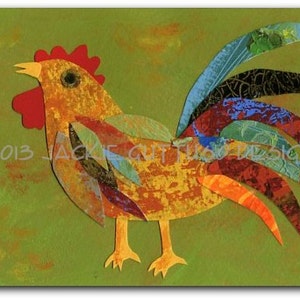 May include: A colorful rooster collage on a green background. The rooster features orange, yellow, red, blue, and black accents. The artwork includes the text "&copy;2013 Jackie Guttuso Designs" and "Jackie Guttuso".