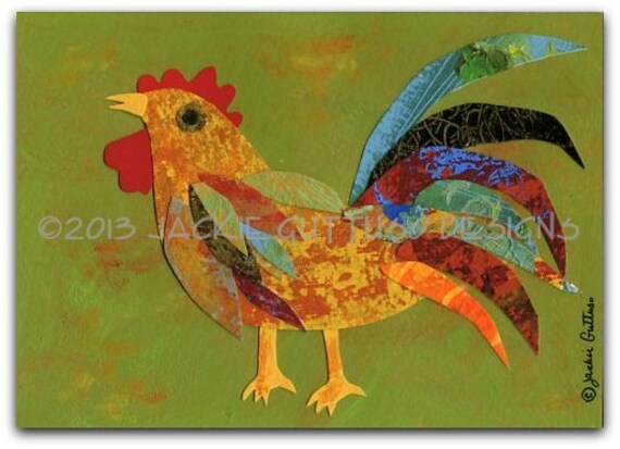 Acrylic rooster art print, Giclee, 5 x 7", Collage, Farmhouse wall art, Rooster decor, Acrylic chicken kitchen art, Farm animal nursery art