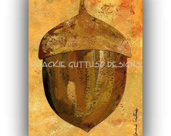 Acrylic acorn painting print, 5 x 7" Giclee, Fall decor, Kitchen wall art, Autumn decor