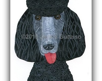 May include: A portrait of a black poodle with a red tongue, set against a white background. The dog's fur is detailed with textured patterns. The artwork includes the artist's signature and copyright information.