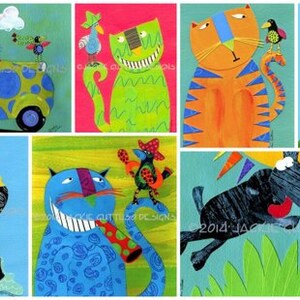Puede incluir: Un collage de ilustraciones coloridas con gatos, perros y p&aacute;jaros. Las im&aacute;genes son caprichosas y juguetonas, con colores brillantes y l&iacute;neas audaces. Los gatos se representan en diversas actividades, como conducir un coche, tocar m&uacute;sica y caminar bajo la lluvia. Los perros se muestran jugando a la pelota y corriendo al sol. Los p&aacute;jaros est&aacute;n posados en ramas, sosteniendo paraguas y tocando instrumentos musicales.