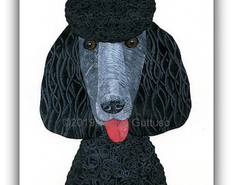 8 x 10 Black poodle art print, Giclee, Acrylic poodle painting print, Dog collage, Animal collage, Dog wall decor, Gift under 30
