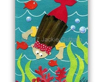 5 x 7" Mermaid art print, Giclee, Collage, Brown hair mermaid nursery decor, Nautical girls room art, Acrylic mermaid painting print, Beach
