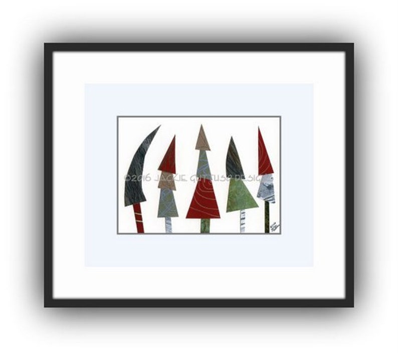 5 x 7 Christmas tree art, Giclee, Gift under 25, Seasonal decor, Acrylic painting print , Whimsical tree collage, Winter farmhouse image 5
