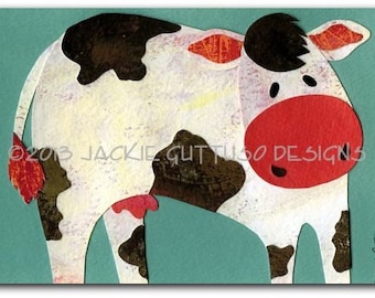 Impresión artística de vaca acrílica de 5 x 7 pulgadas, Giclée, decoración de pared de animales de granja para niños, impresión de pintura para guardería, collage de vacas caprichoso, arte de pared de granja