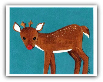 Red nosed reindeer Christmas art, 8 x 10" Giclee, Kids room Christmas print, Acrylic painting , Holiday decor, Collage, Woodland nursery art