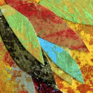 May include: Abstract artwork featuring overlapping, textured shapes in various colors. The composition includes leaf-like forms in green, red, and blue, set against a yellow and orange background. The artwork has a handmade, artistic feel.